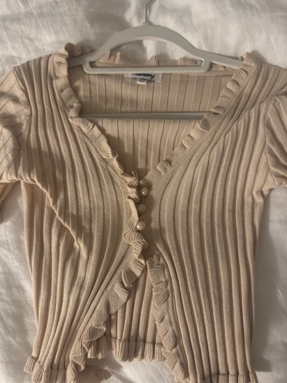 Ribbed Ruffle Button Crop Top in Beige